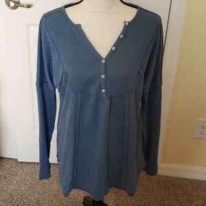 Comfy casual Blue Button up thermal knit Women's Top